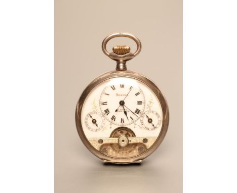 AN HEBDOMAS EIGHT DAY SILVER POCKET WATCH, the white enamel three quarter dial with day and date subsidiary dials, inscribed 