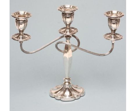 A TWO BRANCH THREE LIGHT SILVER CANDELABRUM, maker's mark AS, Birmingham 1970, the lobed tulip sockets with detachable drip p