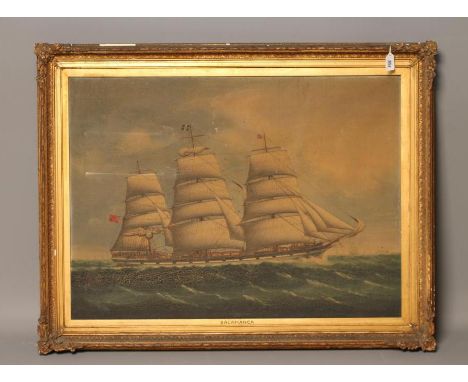 ENGLISH NAIVE SCHOOL (19th Century), 'The Salamanca'- Portrait of The Three Masted Sail Ship, oil on canvas, unsigned, 26" x 