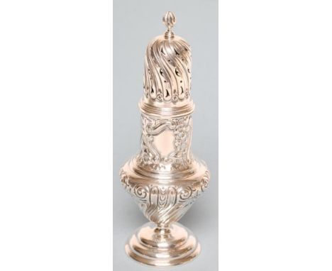 A VICTORIAN LARGE SILVER SUGAR CASTOR, maker Thomas Hayes, London 1872, of vase form, the pierced wrythen fluted lift-off cov