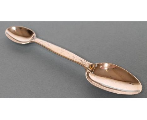 A VICTORIAN SILVER DOUBLE MEDICINE SPOON, maker Thomas Jenkinson, London 1866, the handle engraved with celtic motifs enclosi
