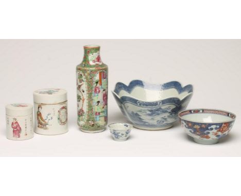 A COLLECTION OF CHINESE PORCELAIN including  two famille rose cylindrical boxes and covers painted with figures and script pa