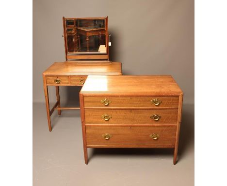 AN ARTS AND CRAFTS STYLE TULIP WOOD PART BEDROOM SUITE, 20th century, comprising dressing table with bevelled oblong mirror o