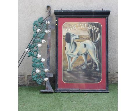 AN INN SIGN "THE TALBOT", of oblong form, the sheet metal plate painted with a Hound within an ebonised wooden surround, 50 1