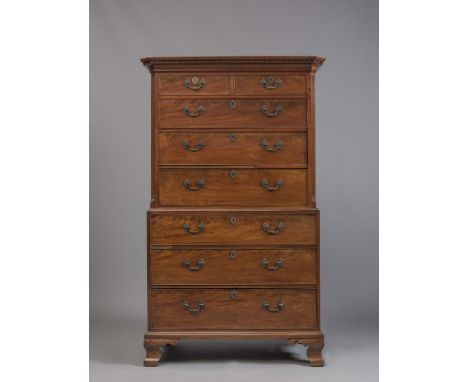 A GEORGIAN MAHOGANY CHEST ON CHEST, third quarter 18th century, the dentil moulded cavetto cornice over two short and three l