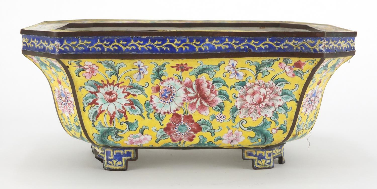 Chinese rectangular enamelled four footed planter, hand painted with