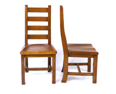 A set of six oak ladder back dining chairs with solid seats, square section legs and H stretchers (6). CONDITION REPORT: Good