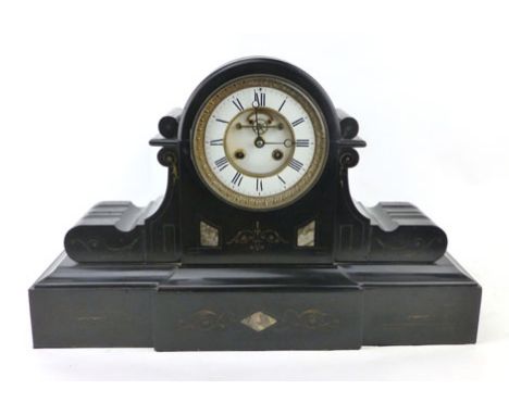 A late 19th Century black slate and marble inlaid mantle clock, white enamel dial with exposed escapement in an arching case 