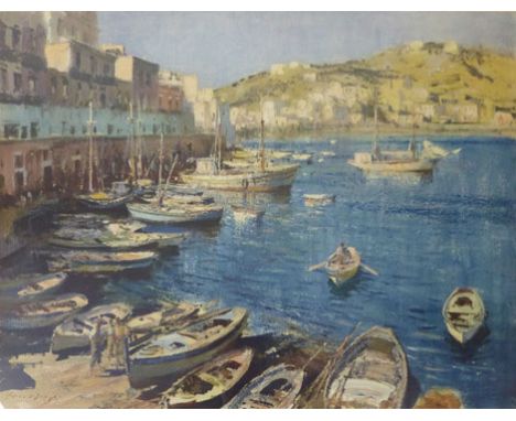 Edward Seago, 'Continental harbour scene, Port of Ponza'. A signed print published 1960 by Frost and Reid, blind stamped, sig