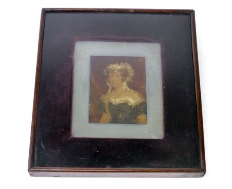 19th century School portrait of a lady in a white bonnet and black dress, probably and over painted print. 9.5cm x 7cm. CONDI