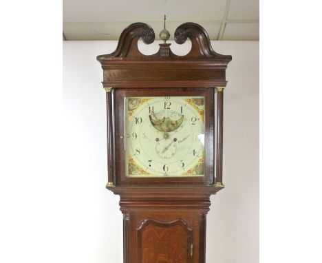 An oak and mahogany cross-banded long case clock, the painted dial with moon phase and date dial, inscribed 'Sagar Blackburn'