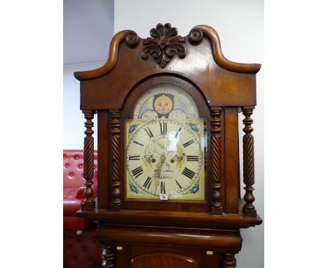 A WELL PRESENTED VICTORIAN MAHOGANY LONGCASE CLOCK with 14 ins arched top dial marked John Jones, Pwllheli, 234 cms high, 75 