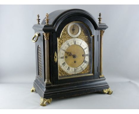 A LARGE EBONIZED TRIPLE FUSEE BRACKET CLOCK, matted dial centre with silvered chapter ring marked 'Kippax, Retford', arched d