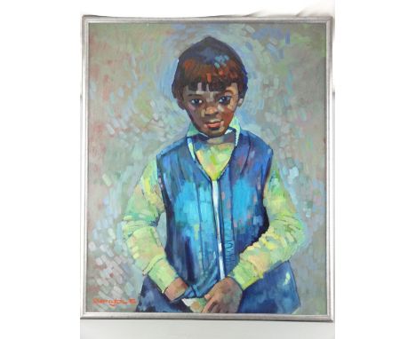 JOHN CHERRINGTON oil on board - colourful portrait of a young boy in a blue waistcoat, signed and dated 1982, 85 x 70 cms
