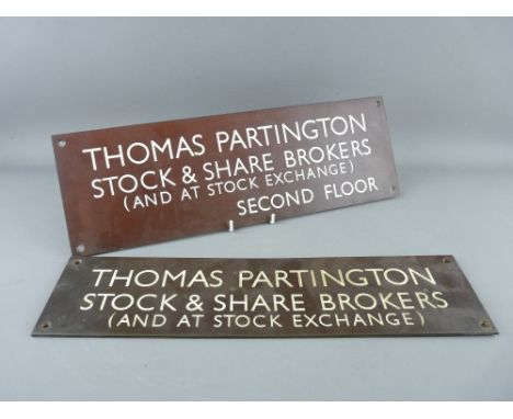 TWO BRONZE WALL PLAQUES advertising Thomas Partington Stock & Share Brokers, 28.5 cms long