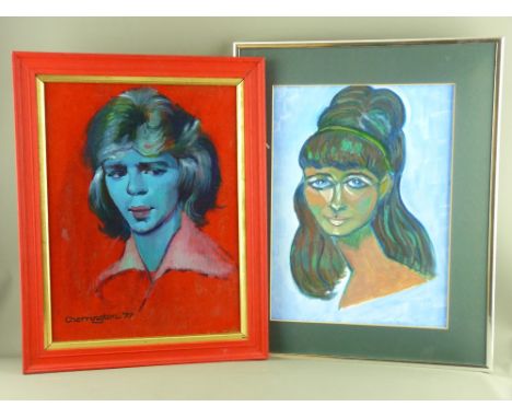 JOHN CHERRINGTON oils on board, two - head and shoulders portrait of an earnest lady, signed and dated 1977, 40 x 30 cms and 