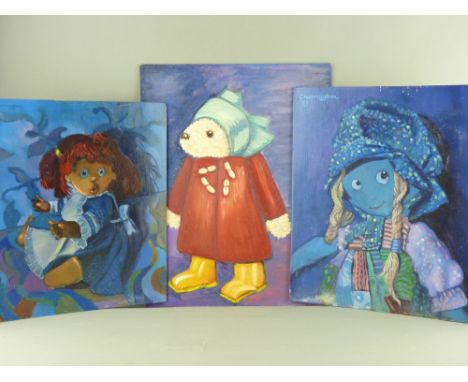 JOHN CHERRINGTON oils on board, three, all unframed - 1. seated doll like figure with startled eyes, signed and dated 1986, 3