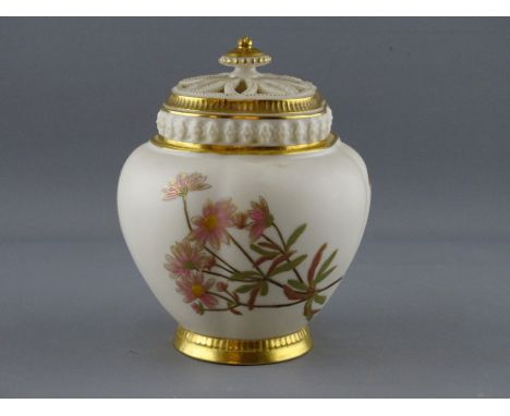 A ROYAL WORCESTER BLUSH IVORY POT POURRI with reticulated cover and interior lid, shape no. 1314, 14 cms high overall (chip t