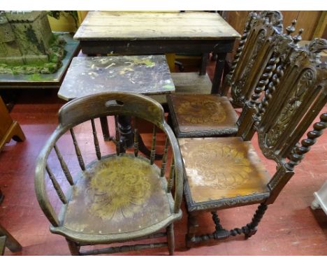 A TWO TIER PINE WORKSTAND, 85.5 cms high, 98 cms wide, 46 cms deep, a vintage side table on tripod base, a bentwood style arm