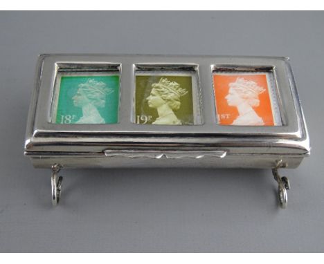 A SILVER TROUGH FORM TRIPLE STAMP HOLDER, late Victorian (marks rubbed, soldered repairs to feet), approximately 50 grms, 8 c