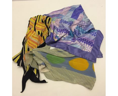 2 vintage Liberty silk scarves together with a vintage abstract scarf. Liberty silk square in blue/lilac. Long Liberty scarf 