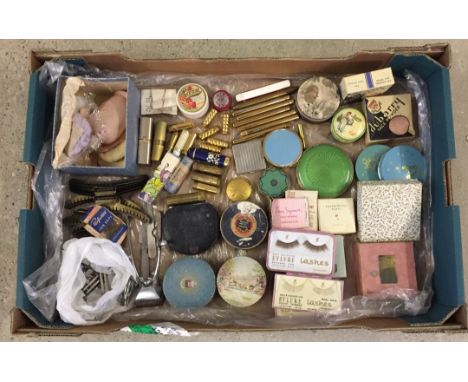 A box of vintage ladies make up and vanity items. To include Max Factor Cosmetics, Dubarry face powder, Coty Compact and Avon