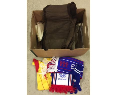 Box of mens shorts, jumpers, sheepskin gilet,  vintage Liverpool FC football shirt, scarf and gloves  