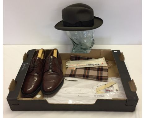 A box of vintage gents items. Comprising a 1940-50s trilby hat by Henry Heath Ltd, an unworn Regal Shirt with button on colla