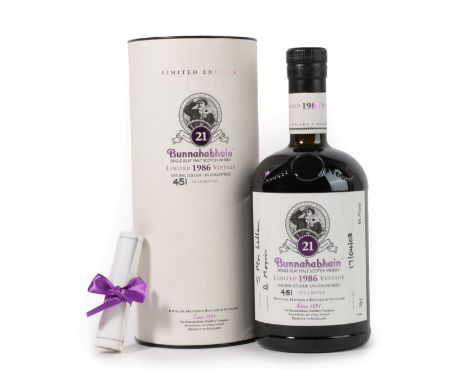 Bunnahabhain 1986 21 Years Old Single Islay Malt Scotch Whisky, Limited 1986 Vintage, number 451 of 512 bottles, bottled 17/0