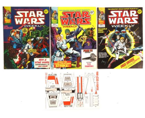 Star Wars: UK weekly comics No. 1, 2, and 3 complete with unused free gifts (Marvel Comics, 1978).First three issues of a wee