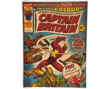 Captain Britain No 1: featuring the 1stappearance of Captain Britain, signed by Stan Lee (Marvel UK, 1976).Magazine size week