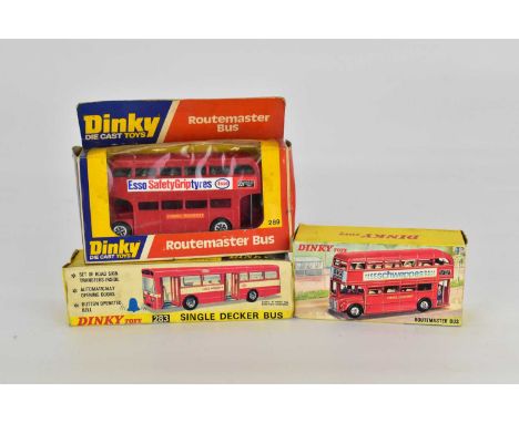 DINKY; three diecast buses to include a Single Decker Bus in red 283, Schweppes Routemaster Bus 289 and a Routemaster Bus (Es