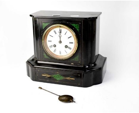 A late 19th century slate eight-day mantel clock with malachite inserts, the white dial set with Roman numerals, height 21cm.