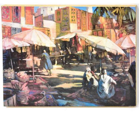 PHILIP  CRAIG (Canadian 1951-); overpainted print on board, 'Rug Market, Marrakesh', signed and titled verso, 54 x 71cm.