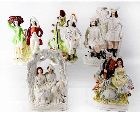Five large late 19th and early 20th century Staffordshire flatbacks comprising two spill vases, one titled 'Robin Hood', a co