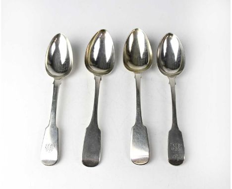 Four hallmarked silver Fiddle pattern tablespoons comprising a Victorian Scottish spoon, maker Adam Burgess, Edinburgh 1841, 