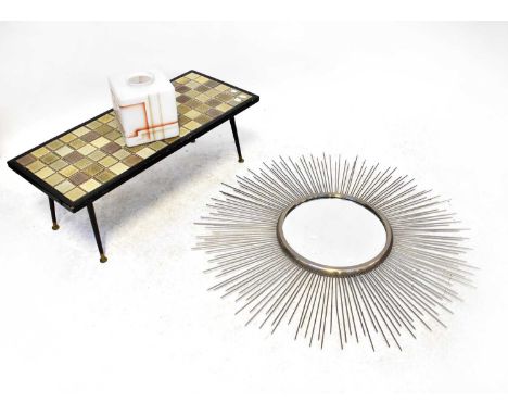 A modern metal circular sunburst-type mirror, width 110cm, together with a mid-20th century tile-top coffee table in muted br