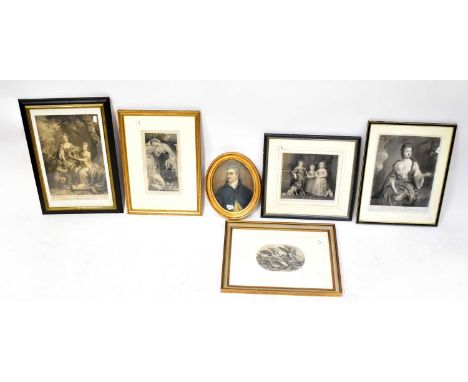 Five various engravings and mezzotints including a pair of putti riding dolphins, various portraits including 'The Duchess of