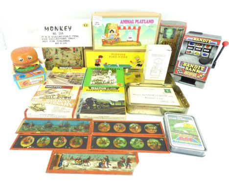 Various vintage and modern collectible toys to include reproduction tinplate pingpong, monkey, Animal Playland, small carouse