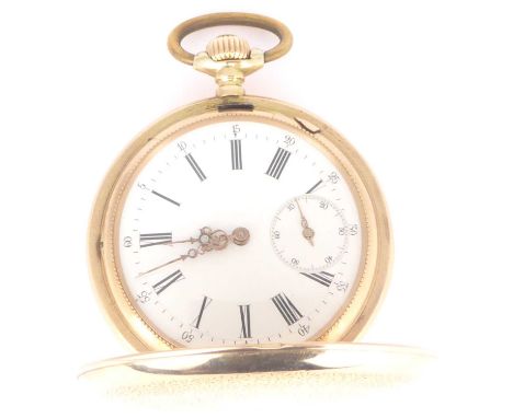 A 14ct gold full hunter pocket watch, the white enamel dial set with Roman numerals and subsidiary seconds, crown wind moveme