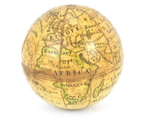 A late 18th/early 19th century small pocket terrestrial globe, unmarked, with twelve hand coloured engraved gores, diameter 4