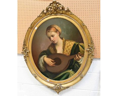 UNATTRIBUTED; Continental oil, 19th century portrait of young woman playing a lyre, 75 x 56cm, in oval gilt frame (af). Condi
