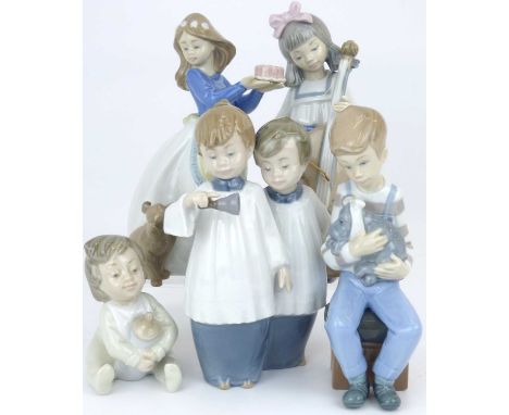 NAO; five porcelain figures of children comprising a girl holding birthday cake, with puppy at ankle, a young child with milk