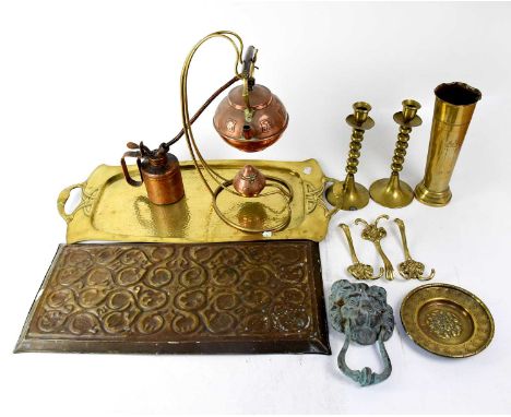 A mixed lot of copper and brass ware to include a copper spirit kettle on stand, pair of brass candlesticks, two Art Nouveau 