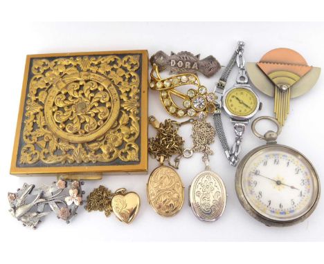 Various mixed costume jewellery to include two 9ct gold lockets, one oval double example with floral pattern to the front, on