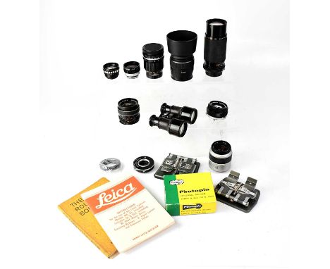 A collection of camera lenses and accessories to include an Olympus Auto-S 50mm 1.8f lens, a Chinon Auto Chinon 35mm 2.8f len