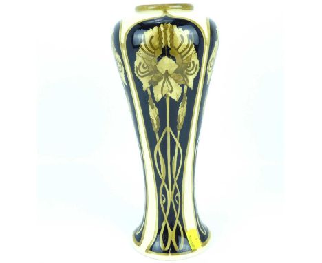 COBRIDGE; a tall waisted slender vase painted with Art Nouveau flowers in black ground panels, on an ivory body, with impress