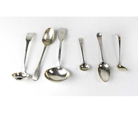 Six various hallmarked silver spoons comprising a Fiddle pattern ladle, a similar sauce ladle, two smaller spoons and two Old