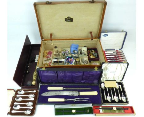 Various silver plate and costume jewellery to include four cased sets of cutlery, one with hallmarked silver filled handles, 