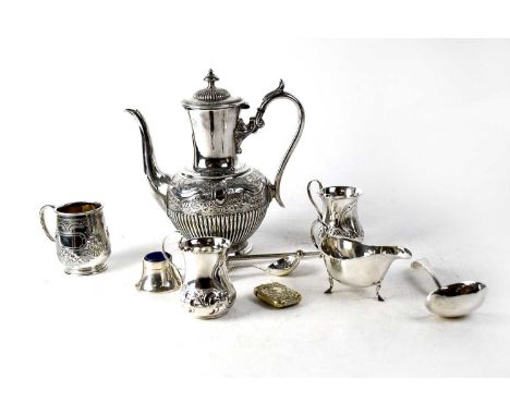 A collection of plated ware to include coffee pot, three mugs, inkwell with blue liner, vesta, sauce ladle, caddy spoon, sauc